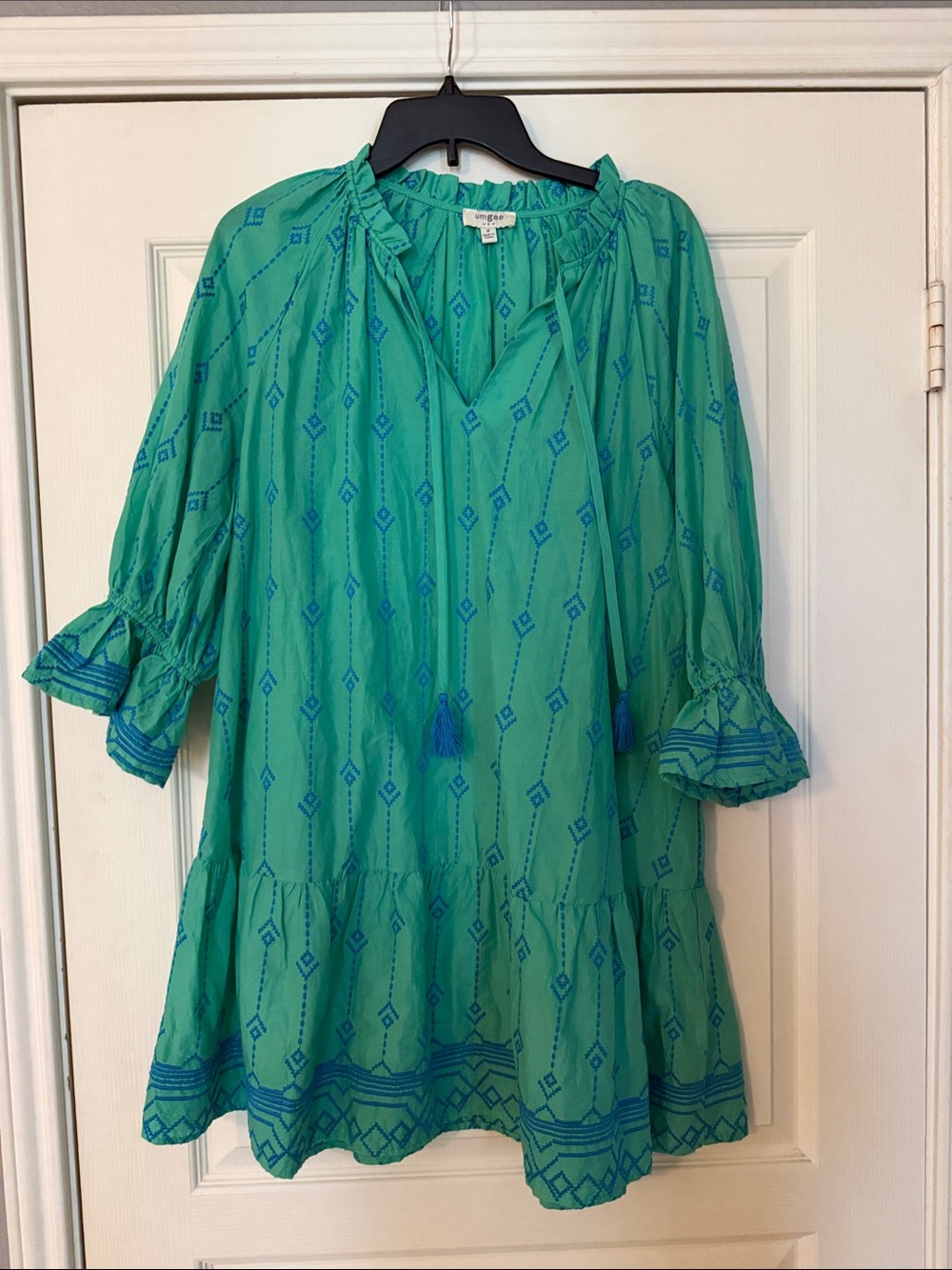 Women’s Umgee Green Embroidered Smock Dress with Tassel Tie
